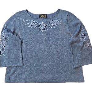 Bob Mackie Shirt Womens Large Blue Floral Embroidered Glitter 3/4 Sleeve‎ Top